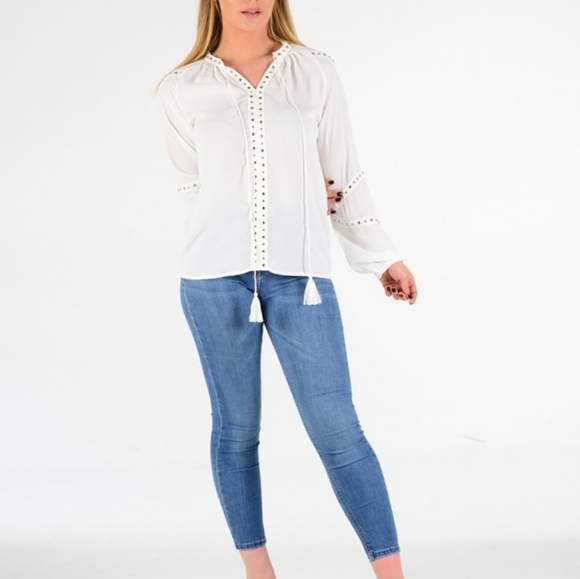 Stud Trim Crepe Top White - Picture 4 of 4